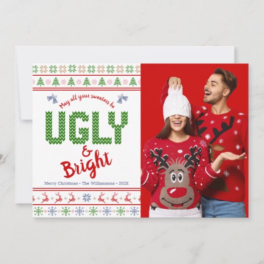 クリスマスホリデー写真醜いセーターおもしろい赤グリーン シーズンカード (正面)