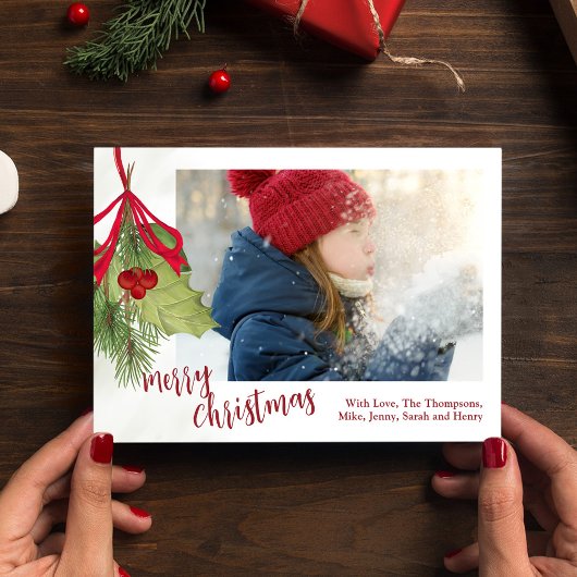 クリスマスホリデー冬の緑のホリー写真 シーズンカード