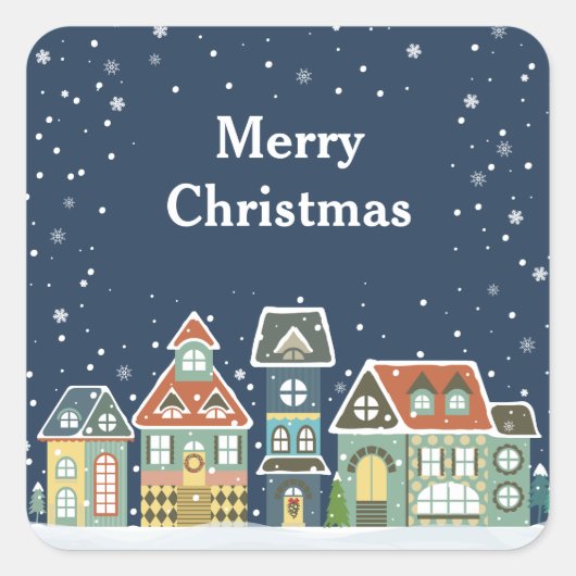 クリスマスホリデー夕べウィンタービレッジシーン スクエアシール (正面)