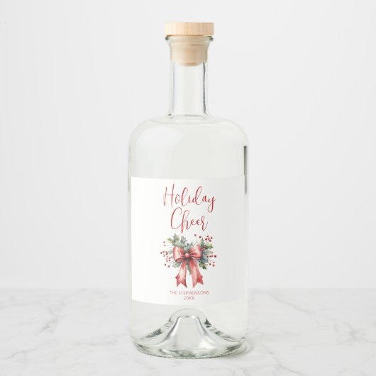 クリスマスホリデー応援スクリプトレッドボウ名 リキュールボトルラベル (正面)