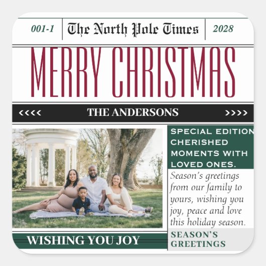 クリスマスホリデー新聞をテーマにしたステッカー スクエアシール (正面)