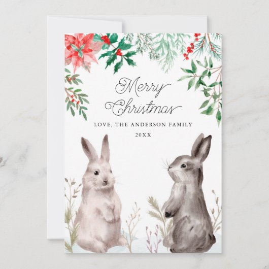 クリスマスホリデー水の色バニー。うさぎ、フローラ シーズンカード (正面)