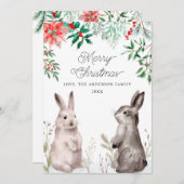 クリスマスホリデー水の色バニー。うさぎ、フローラ シーズンカード (正面/裏面)