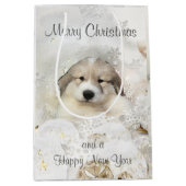 クリスマスホリデー素晴らしピレネーPUPウォーターカラー ミディアムペーパーバッグ (正面)