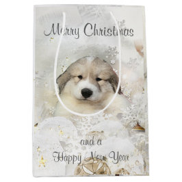 クリスマスホリデー素晴らしピレネーPUPウォーターカラー ミディアムペーパーバッグ