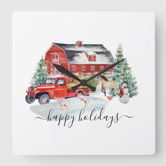 クリスマスホリデー素朴ヴィンテージトラックバーンファーム スクエア壁時計 (正面)
