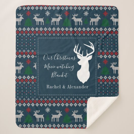 クリスマスホリデー編み物パターパーソナライズされたン シェルパブランケット (正面)