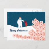 クリスマスホリデー葉書雪だるま付き散歩 シーズンポストカード (正面/裏面)