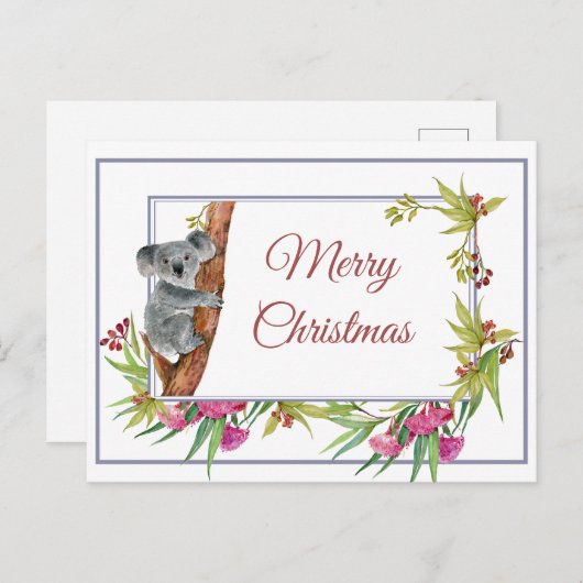 クリスマスホリデー コアラ ユーカリの木 花模様 ポストカード (正面/裏面)