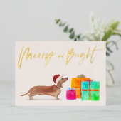 クリスマスホリデー ゴールド タン ダックスフンド 犬の写真 箔シーズンカード (立ち正面)