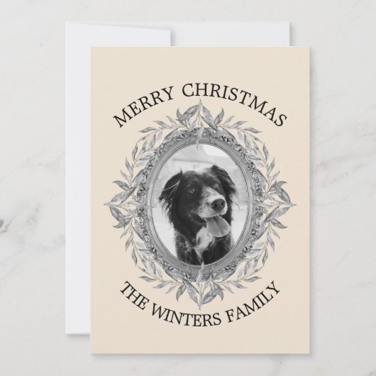 クリスマスホリデー シルバーリーフのリース フォト シーズンカード (正面)