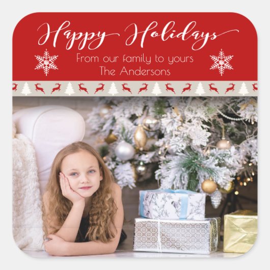 クリスマスホリデー – ハッピーホリデーズフォトレッドディアー スクエアシール (正面)