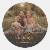 クリスマスホリデー ファミリーフォト フェスティブ モダン ラウンドシール (正面)