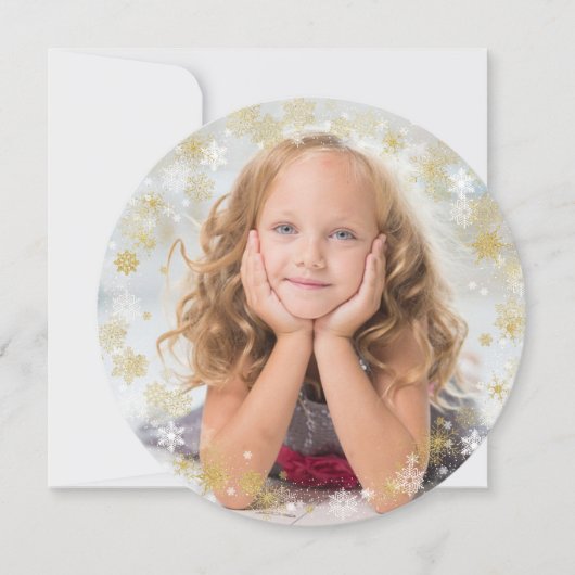 クリスマスホリデー – ホワイト&金ゴールドスノーフレークフレーム シーズンカード (正面)