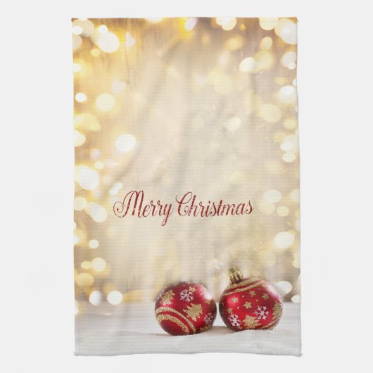 クリスマスホリデー – レッドクリスマスボール《写真》ぼけ味 キッチンタオル (縦)