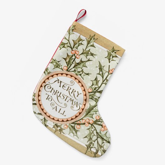 クリスマスホリーかわいらしアンティーク挨拶 スモールクリスマスストッキング (正面 (吊り時))