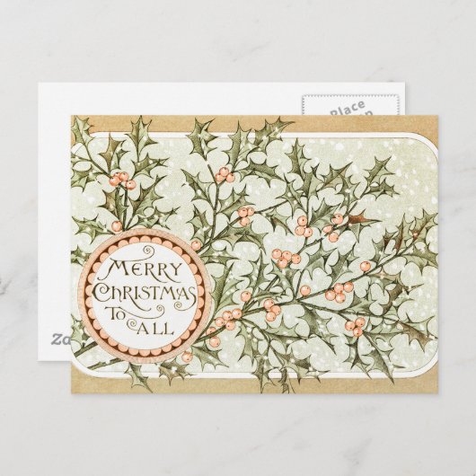 クリスマスホリーかわいらしアンティーク挨拶 ポストカード (正面/裏面)