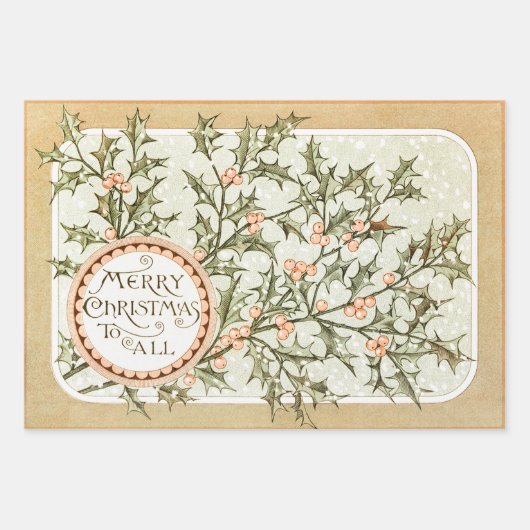 クリスマスホリーかわいらしアンティーク挨拶 ラッピングペーパーシート (正面)
