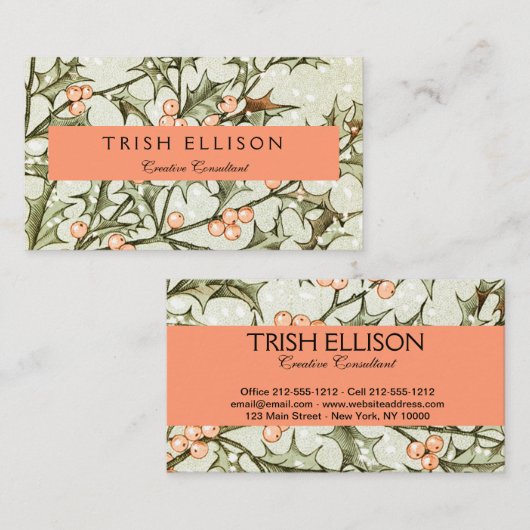 クリスマスホリーかわいらしアンティーク挨拶 名刺 (正面/裏面)