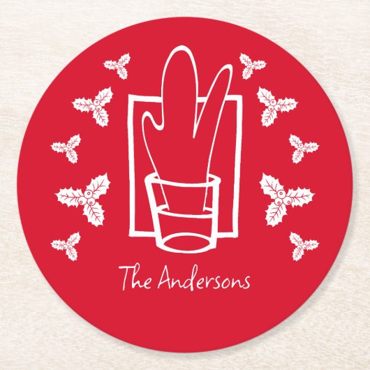 クリスマスホリーとガきらめくラス ラウンドペーパーコースター (正面)