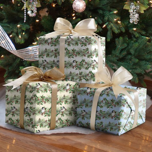 クリスマスホリーとパイン《鳥》アメリカゴガラ ラッピングペーパーシート