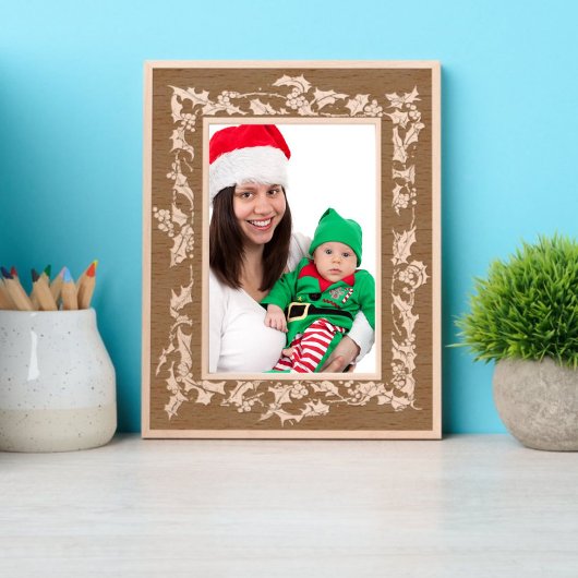 クリスマスホリーとベリーのリース縁ど レーザー彫刻フレーム