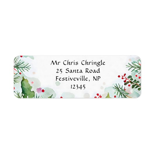 クリスマスホリーとモミの枝のフェスティバル水彩 ラベル (正面)