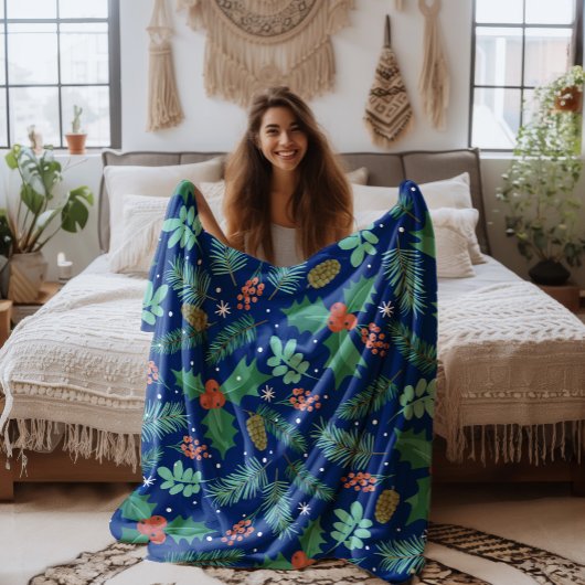 クリスマスホリーと松のコーン模様フリースブラン フリースブランケット