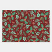 クリスマスホリーと松の円錐模様 ラッピングペーパーシート (正面)