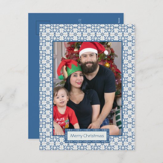 クリスマスホリーと花の花びらタイル枠 シーズンポストカード (正面/裏面)