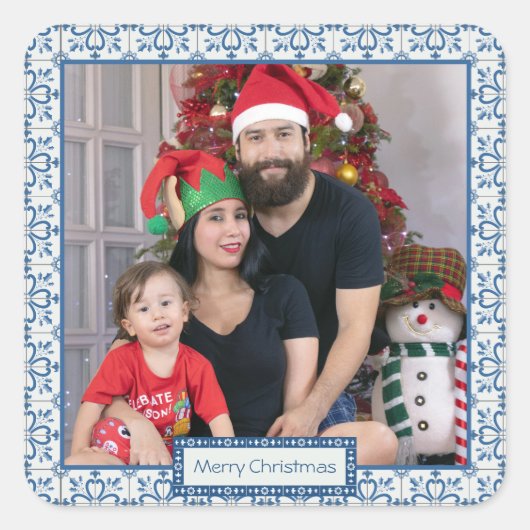 クリスマスホリーと花の花びらタイル枠 スクエアシール (正面)