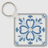 クリスマスホリーと花花びらブルータイル キーホルダー (正面)