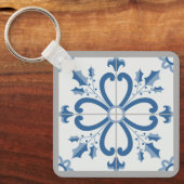 クリスマスホリーと花花びらブルータイル キーホルダー (正面)