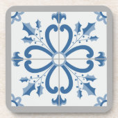 クリスマスホリーと花花びらブルータイル コースター (正面)