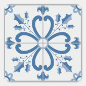 クリスマスホリーと花花びらブルータイル スクエアシール (正面)