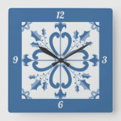 クリスマスホリーと花花びらブルータイル スクエア壁時計 (正面)