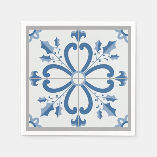 クリスマスホリーと花花びらブルータイル スタンダードカクテルナプキン (正面)