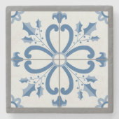 クリスマスホリーと花花びらブルータイル ストーンコースター (正面)