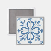 クリスマスホリーと花花びらブルータイル マグネット (正面/裏面)