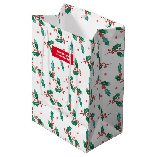 クリスマスホリーと赤い果実のパターン ミディアムペーパーバッグ (正面アングル)