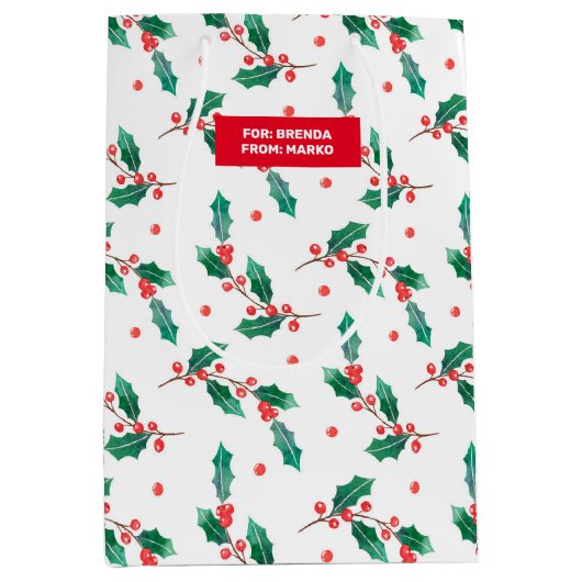 クリスマスホリーと赤い果実のパターン ミディアムペーパーバッグ (正面)