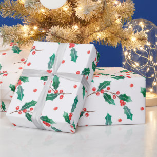 クリスマスホリーと赤い果実のパターン ラッピングペーパー