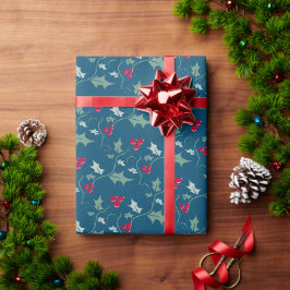 クリスマスホリーと赤い果実の灰色の緑の赤 ラッピングペーパー