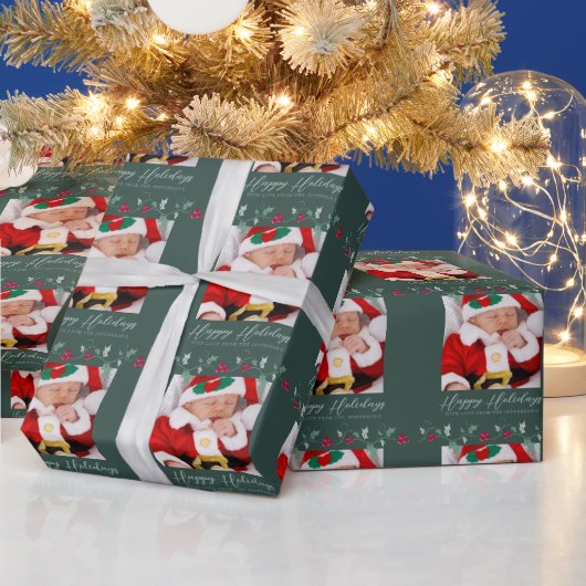 クリスマスホリーと赤い果実の緑の写真 ラッピングペーパー (クリスマス)