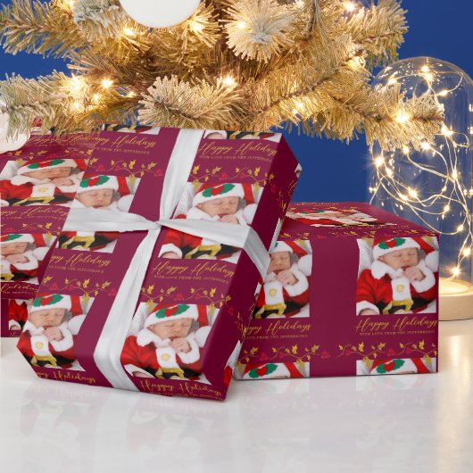 クリスマスホリーと赤い果実の金ゴールド写真 ラッピングペーパー (クリスマス)