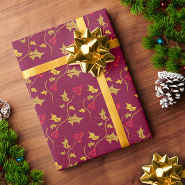 クリスマスホリーと赤い果実の金ゴールド ラッピングペーパー
