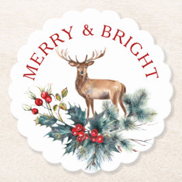クリスマスホリーと鹿のリース ペーパーコースター