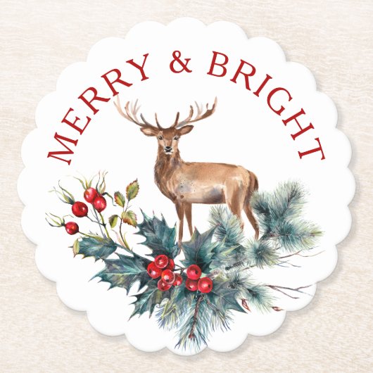 クリスマスホリーと鹿のリース ペーパーコースター (正面)