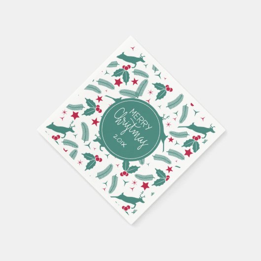 クリスマスホリーと鹿の模様 スタンダードカクテルナプキン (角)