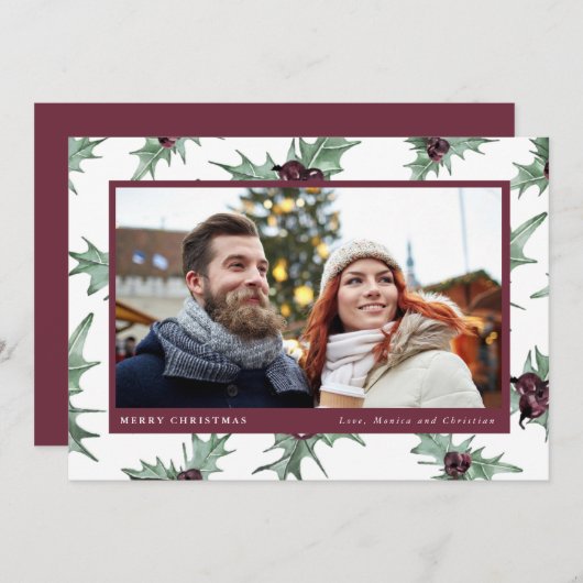 クリスマスホリーの家族の写真 シーズンカード (正面/裏面)